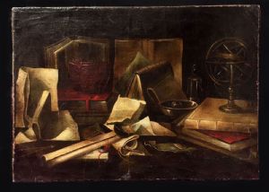  "NATURA MORTA LETTERARIA E SCIENTIFICA" - OLIO SU TELA - INIZI DELL'OTTOCENTO.